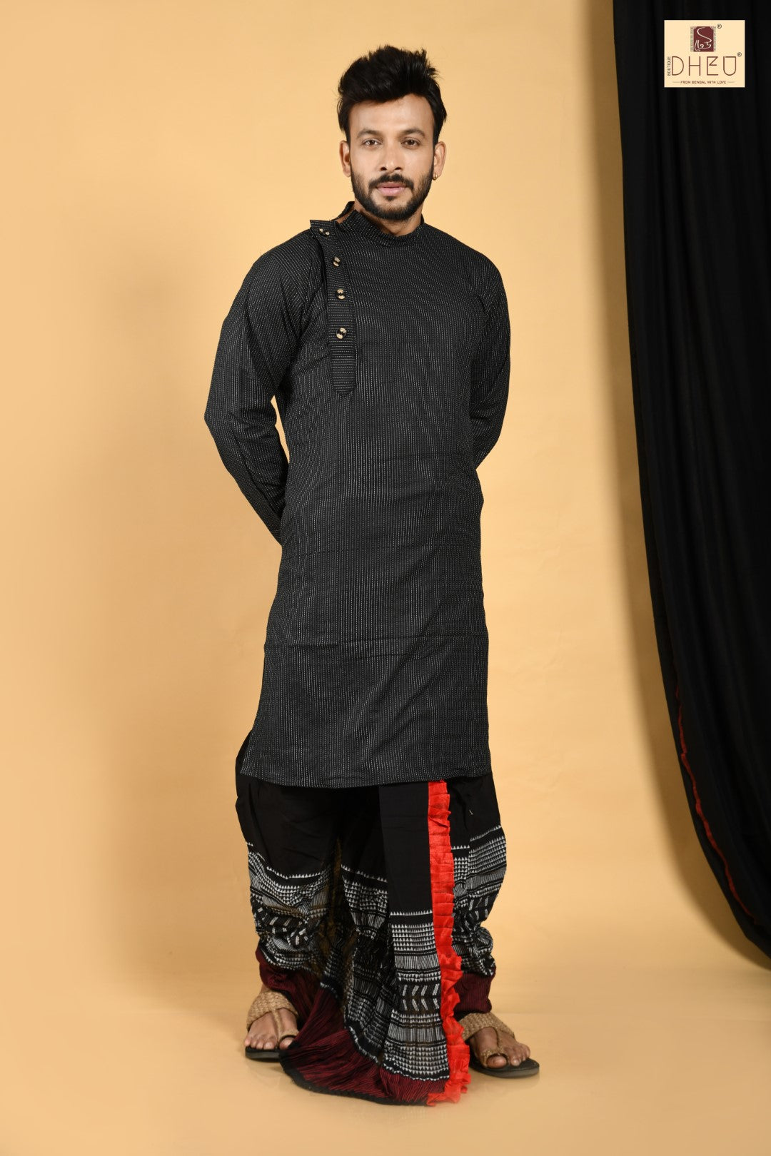 Classic black kurta with black designer dhoti from dheu.in