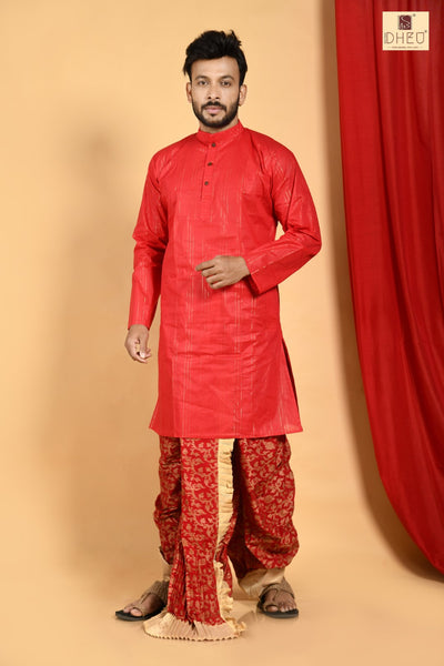 Perfect red kurta with red and golden ready to wear dhoti from dheu.in