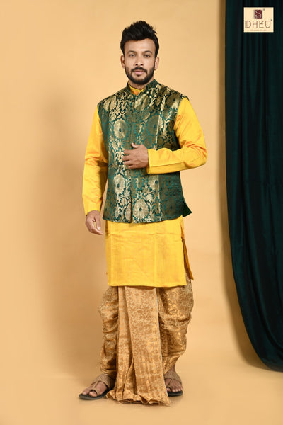 Classic designer yellow kurta with green coat  and  designer dhoti only at dheu.in