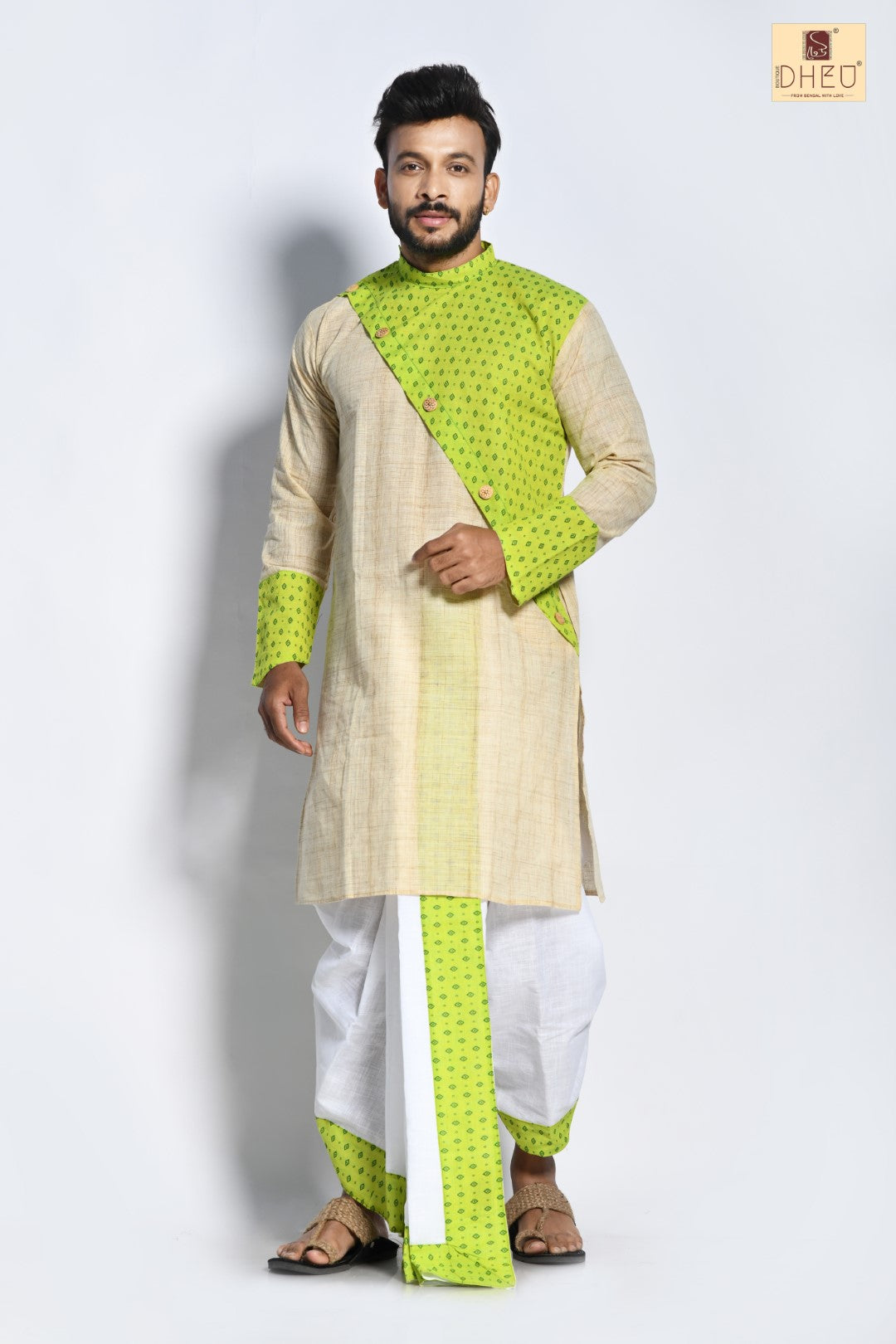 Perfect beige and green kurta with white ready to wear dhoti from dheu.in