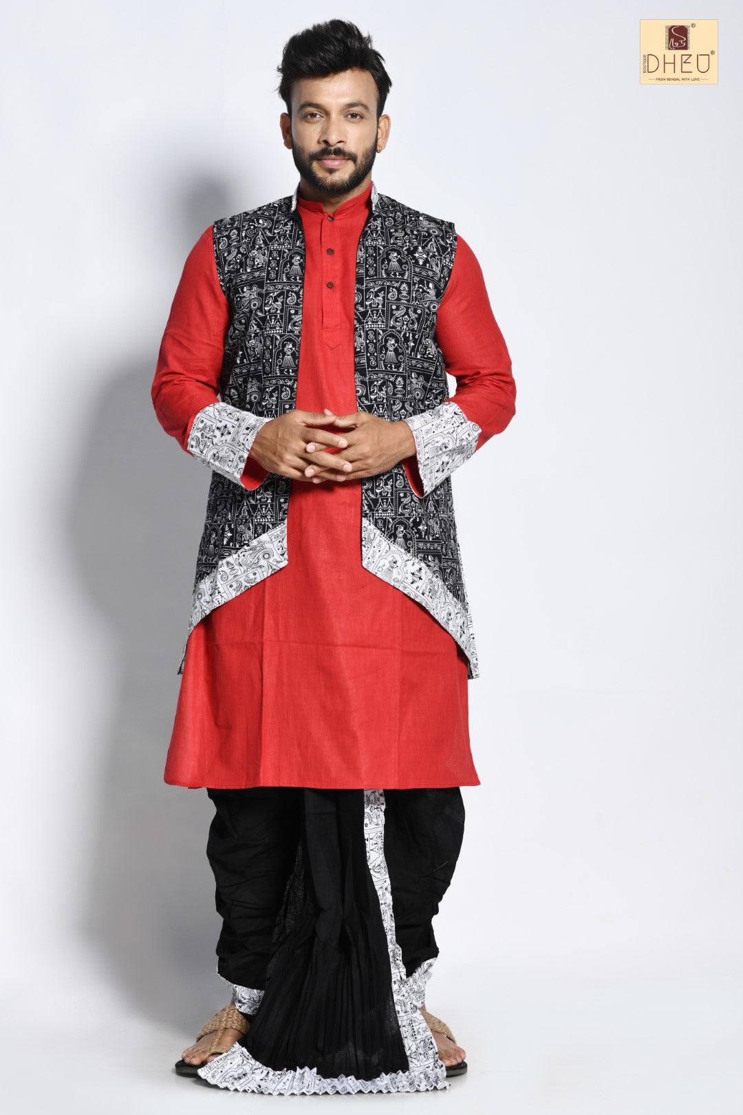 Perfect red kurta with black jacket and casual ready to wear dhoti from dheu.in