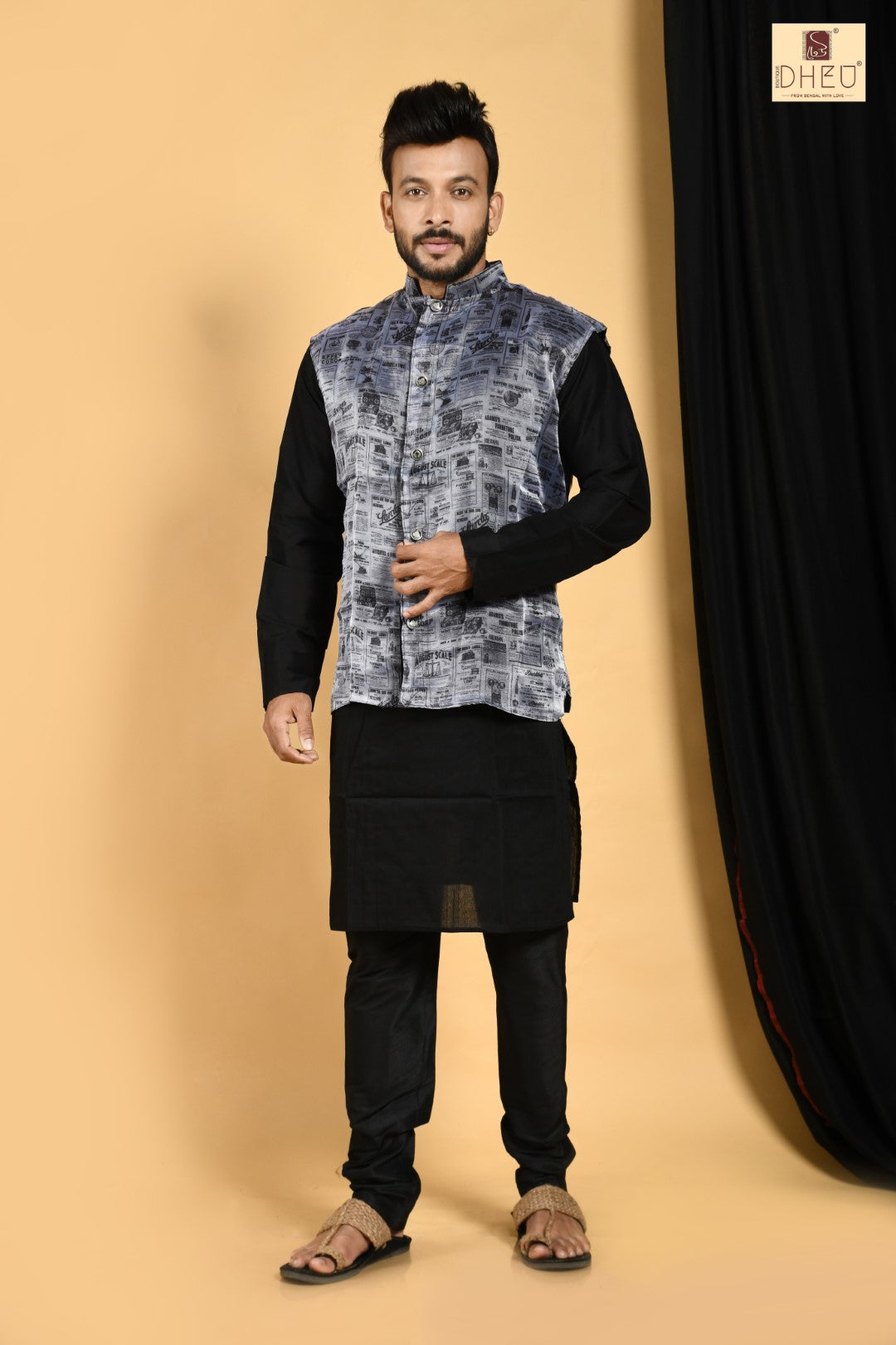 The designer , sophisticate newspaper print jacket with black kurta at low cost only in dheu.in