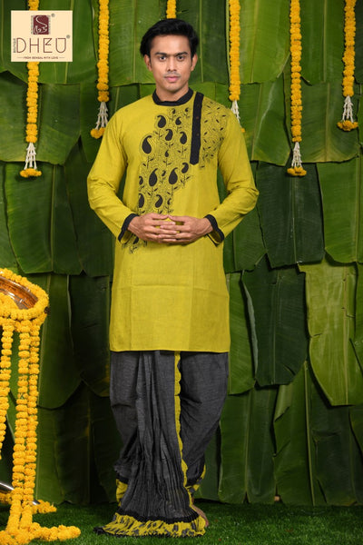 Casual olive green kurta with grey designer dhoti from dheu.in