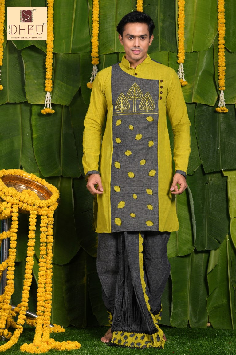 Elegant grey & green kurta with grey ready to wear dhoti from dheu.in