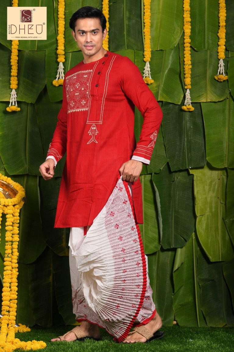 Puja Special Dheu Designer Kurta-Dhoti(Optional)Set