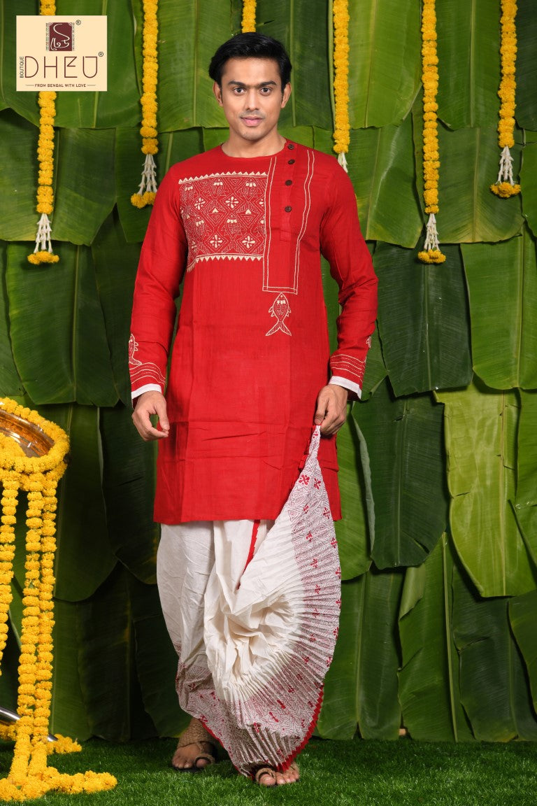 Puja Special Dheu Designer Kurta-Dhoti(Optional)Set