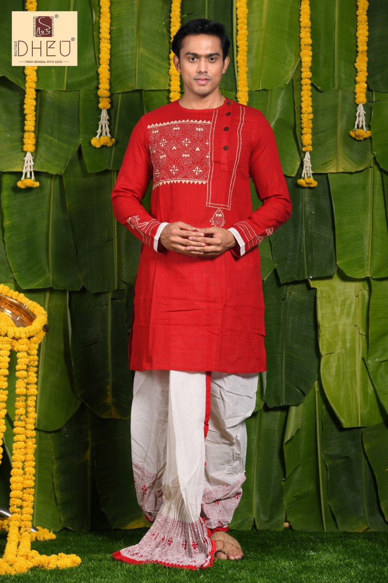 Puja Special Dheu Designer Kurta-Dhoti(Optional)Set