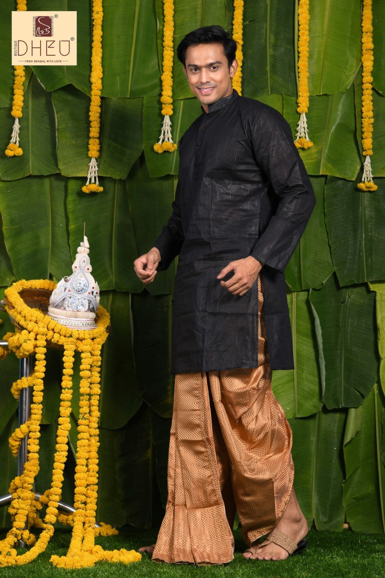 Black kurta with golden brocade benarasi ready to wear dhoti from dheu.in