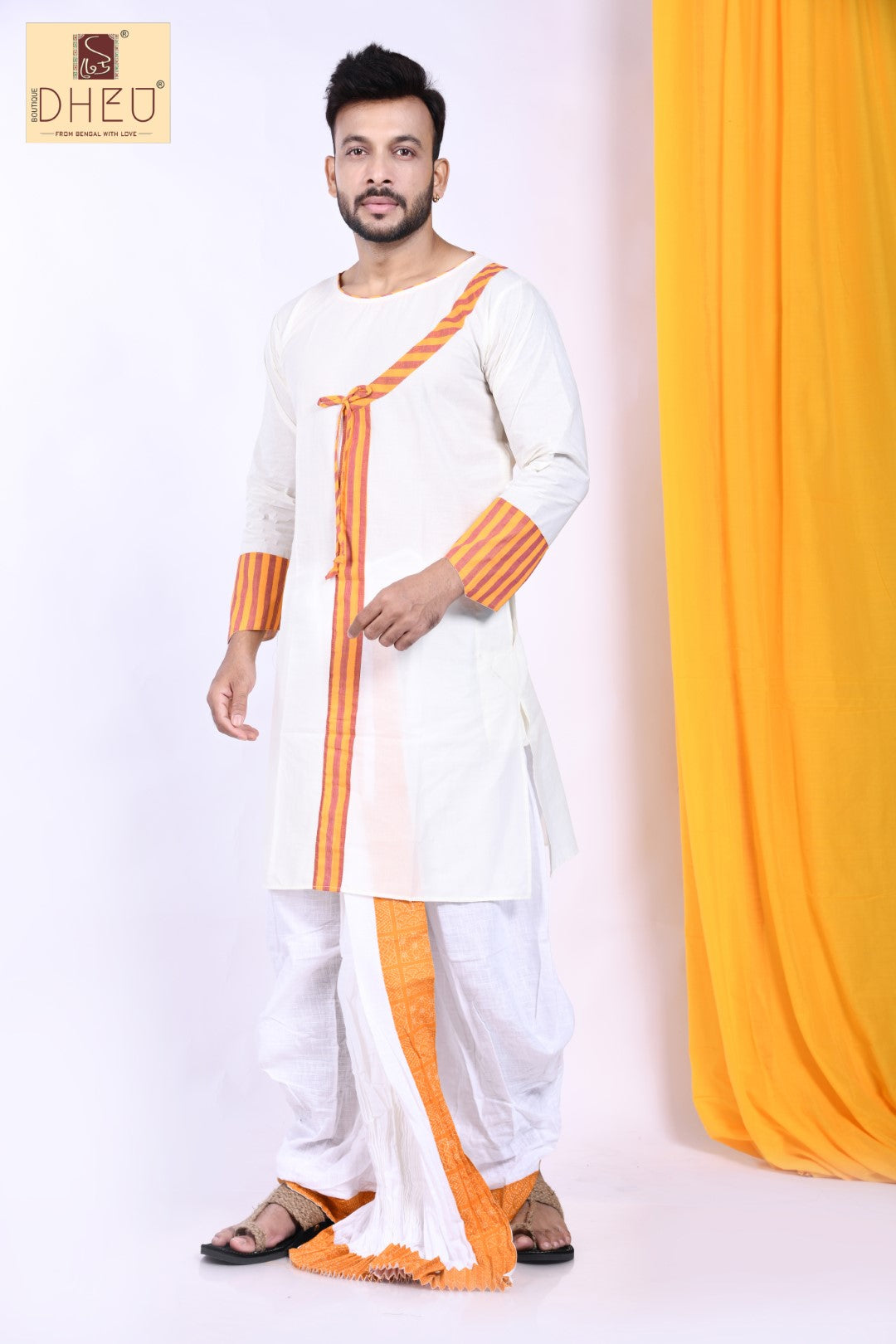 Elegant white kurta with orange-red border and white dhoti with orange border ready to wear dhoti from dheu.in