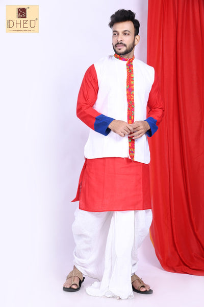 Perfect red kurta with white ready to wear dhoti from dheu.in