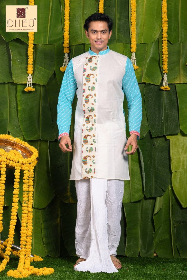 Sophisticate white blue kurta with white designer dhoti from dheu.in
