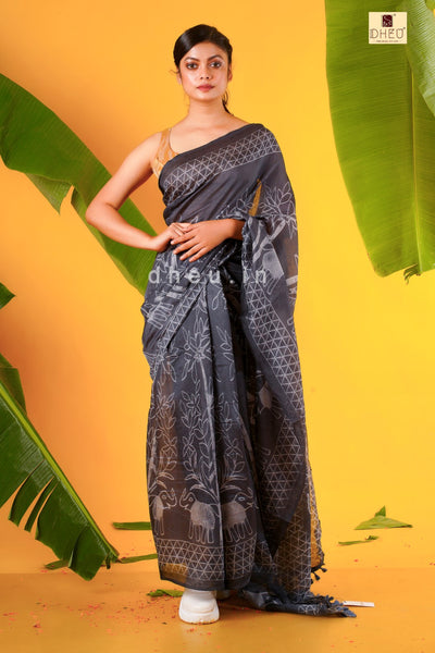 Designer Handloom  Cotton with Ajrakh print saree at lowest price at dheu.in