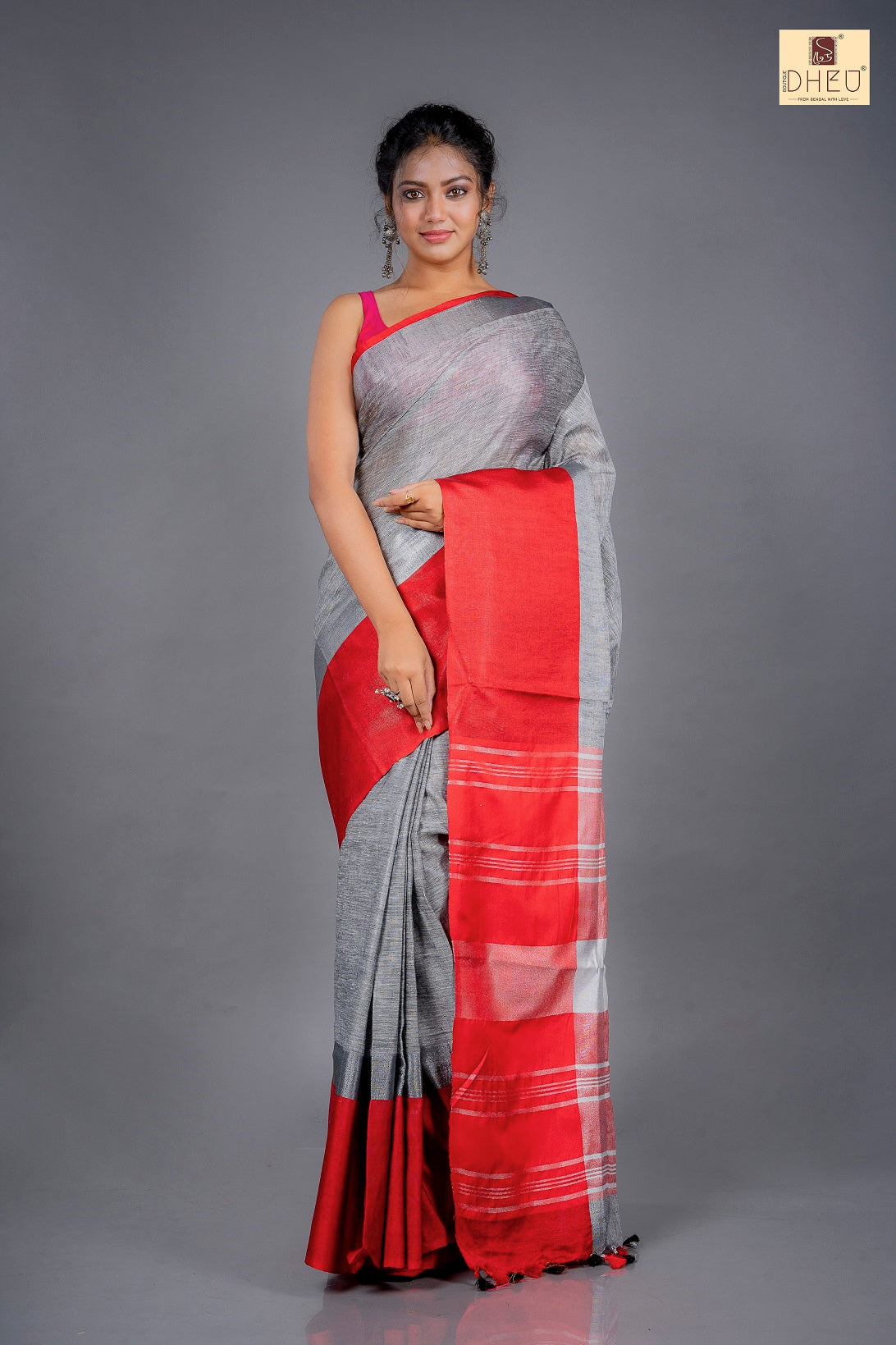 Grey-Red Linen Saree-Kurta Couple Set