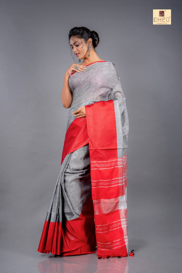 Grey-Red Mahapar - Linen Saree
