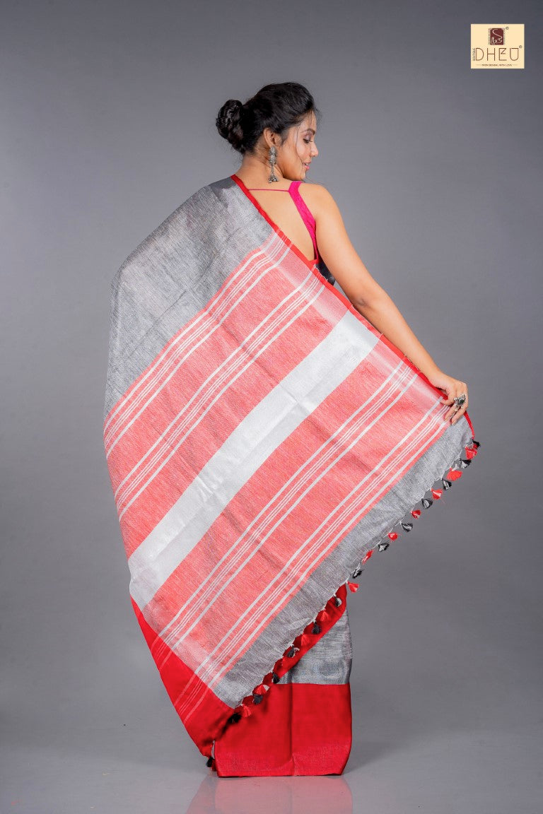 Grey-Red Mahapar - Linen Saree