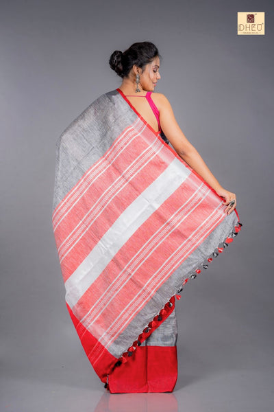 Grey-Red Mahapar - Linen Saree