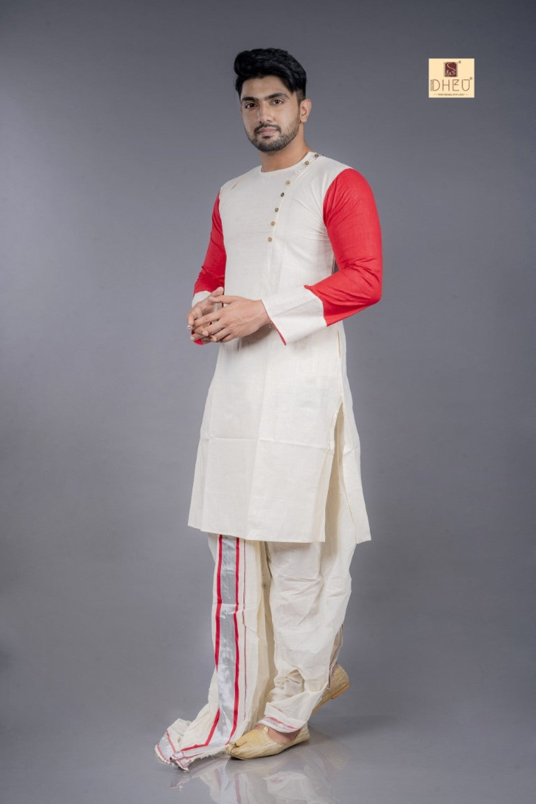 Casual white kurta with designer dhoti only at dheu.in