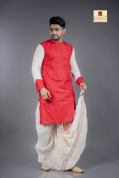 Sophisticate red kurta with designer white red dhoti only at dheu.in