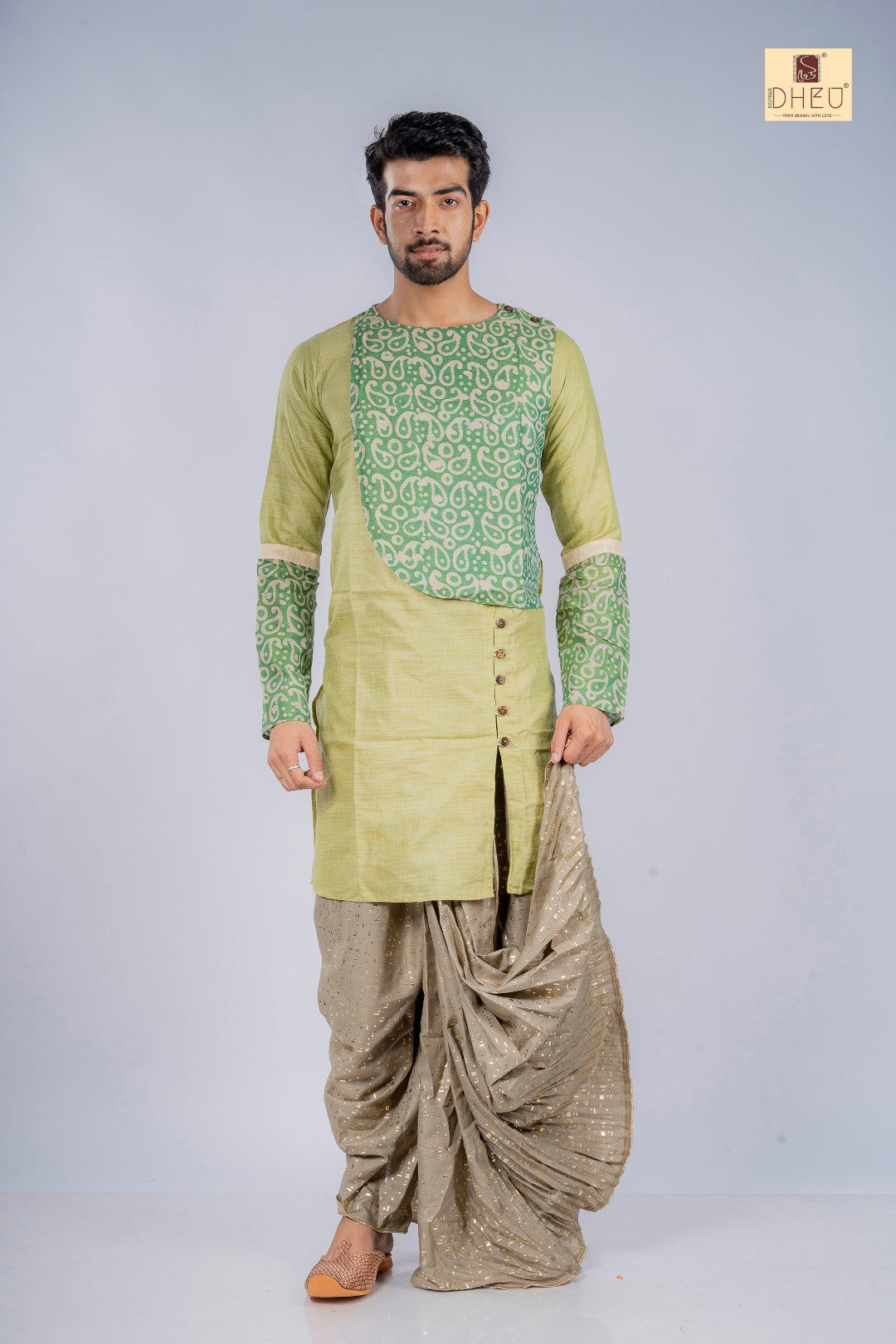 Designer pista green kurta with grey ready to wear dhoti from dheu.in
