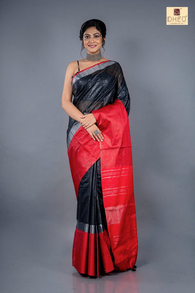 Black-Red Mahapar - Linen Saree