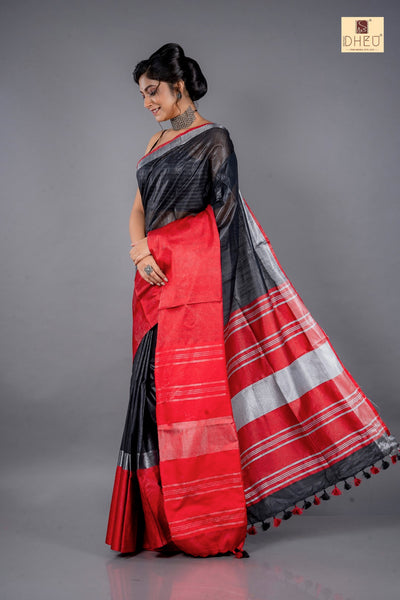 Black-Red Mahapar - Linen Saree