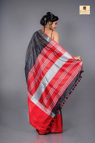 Black-Red Mahapar - Linen Saree