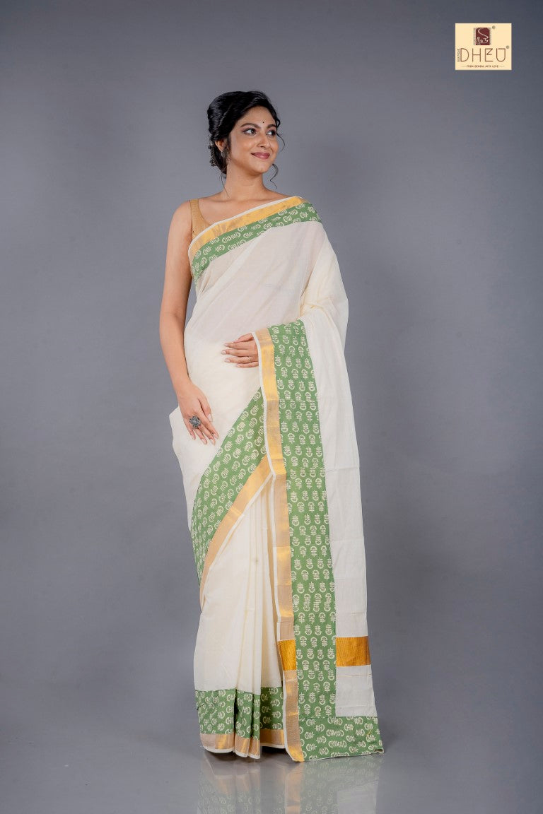 Designer Handloom Kerala Cotton with Ajrakh Border saree at lowest price at dheu.in
