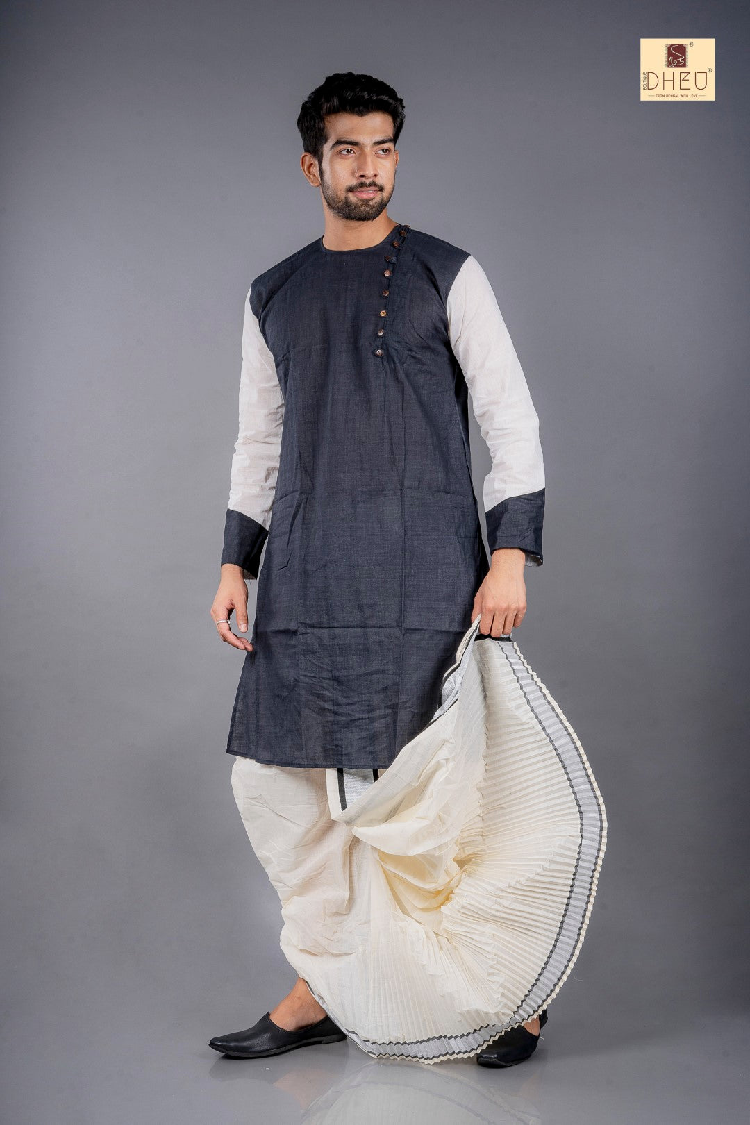 Sophisticate black kurta with designer white black dhoti only at dheu.in