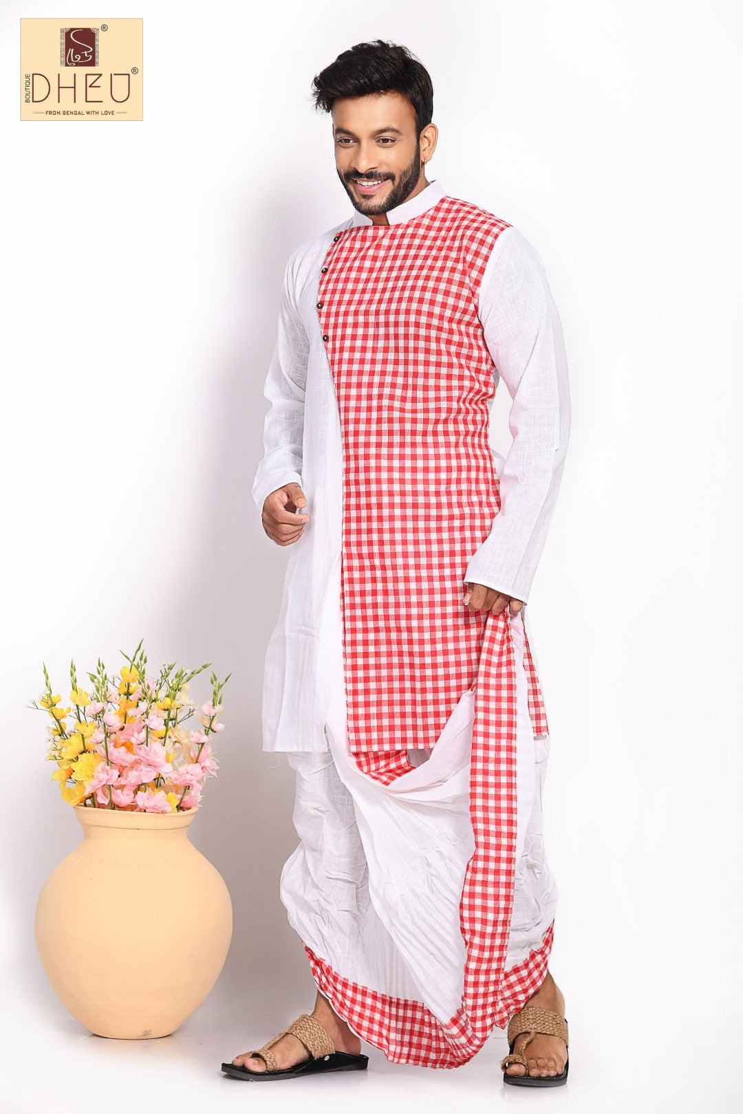 Classic red white kurta & designer dhoti is perfect to buy from dheu.in