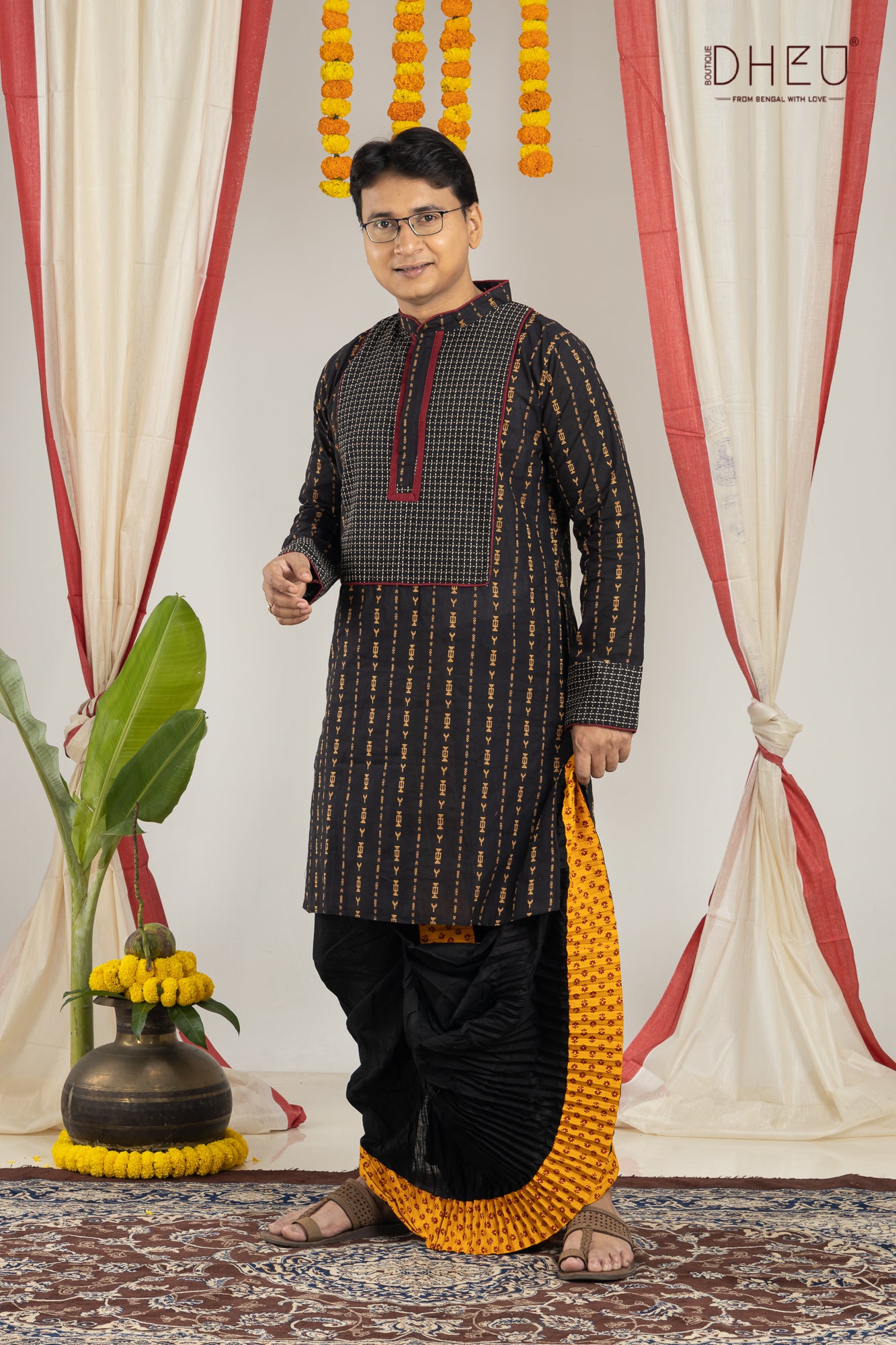 Classic black kurta & designer dhoti is perfect to buy from dheu.in