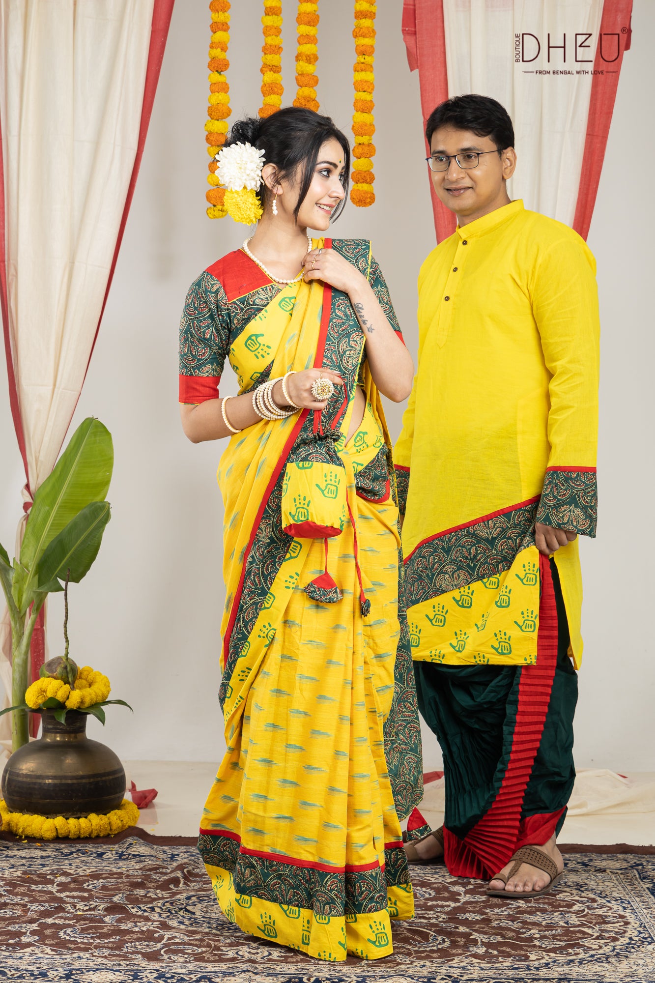 Saree Kurta Dhoti Couple set at Lowest Cost only at Boutique Dheu