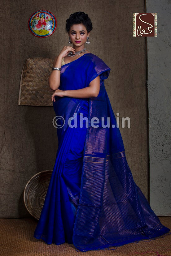 Blue  Handloom Silk Cotton Zaripar - Boutique Dheu