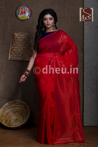 Red Handloom Silk Cotton Zaripar - Boutique Dheu