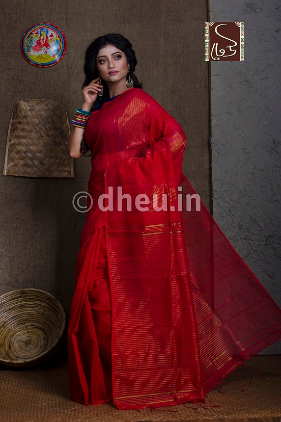 Red Handloom Silk Cotton Zaripar - Boutique Dheu