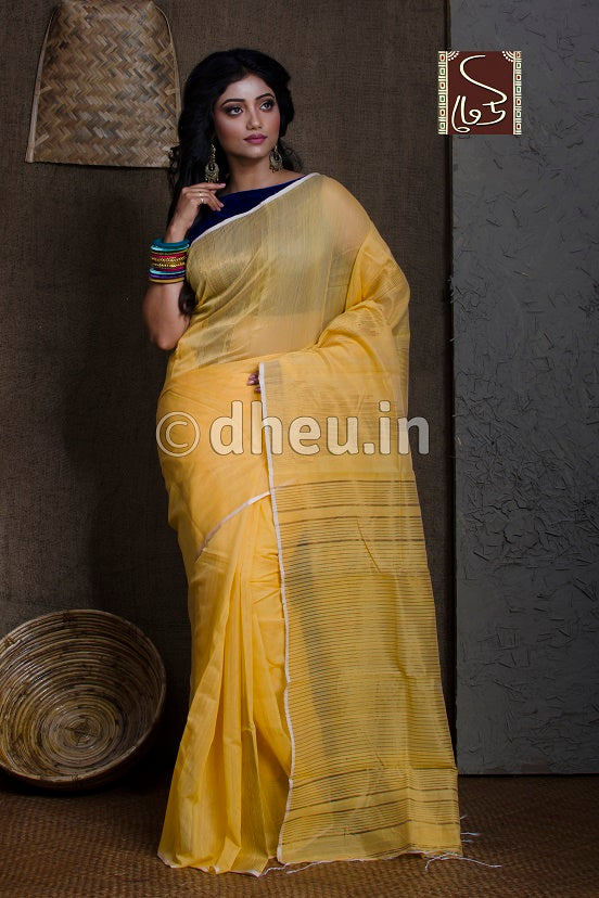 Yellow Handloom Silk Cotton Zaripar - Boutique Dheu