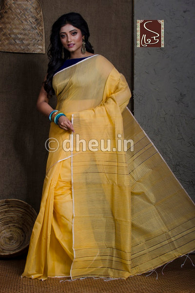 Yellow Handloom Silk Cotton Zaripar - Boutique Dheu