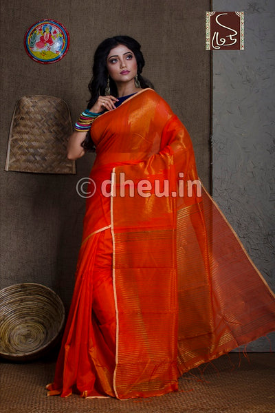 Orange Handloom Silk Cotton Zaripar - Boutique Dheu