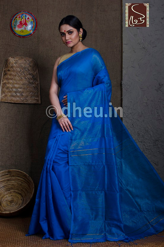 Blue Handloom Silk Cotton Zaripar - Boutique Dheu