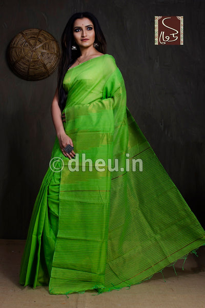 Green Handloom Silk Cotton Zaripar - Boutique Dheu