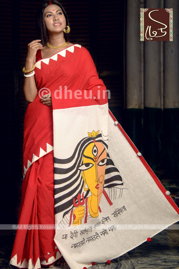 Red and white Bengal cotton plain – For Sarees