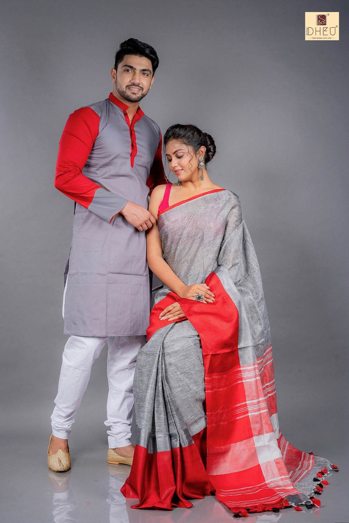 Grey-Red Linen Saree-Kurta Couple Set