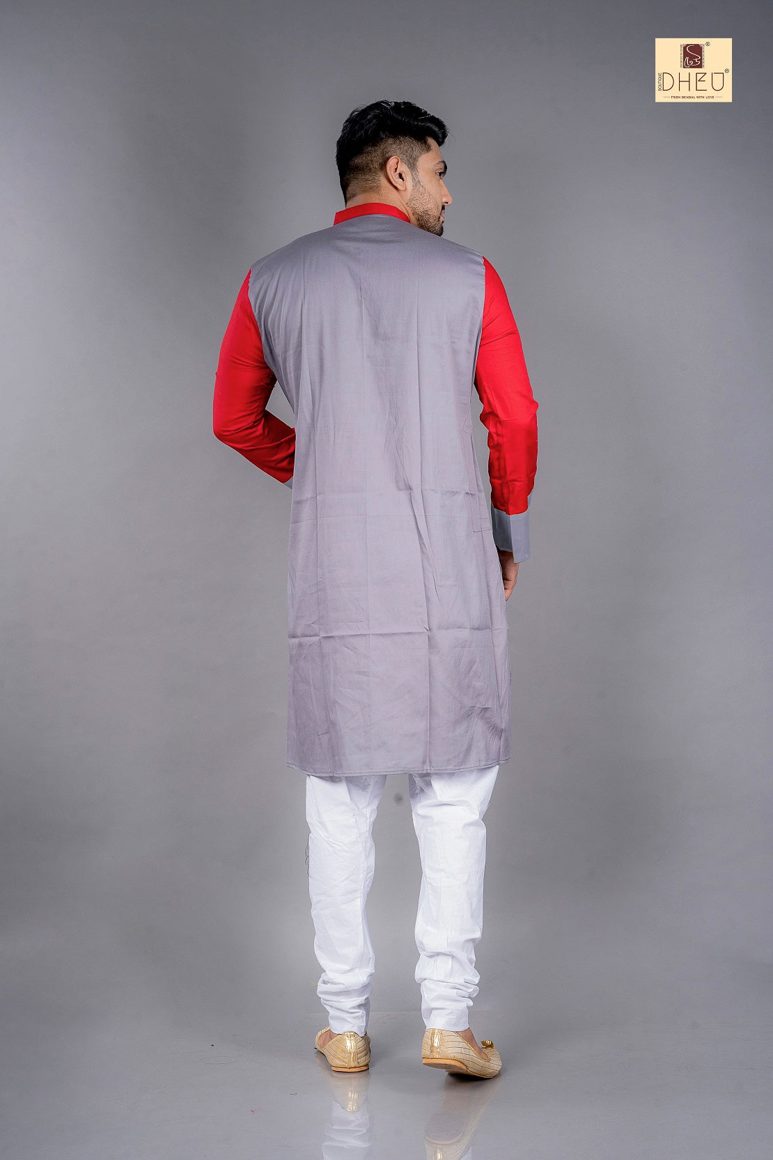 Grey-Red Linen Saree-Kurta Couple Set