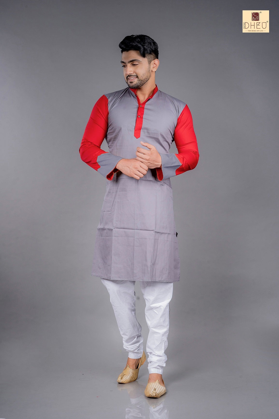 Grey-Red Linen Saree-Kurta Couple Set