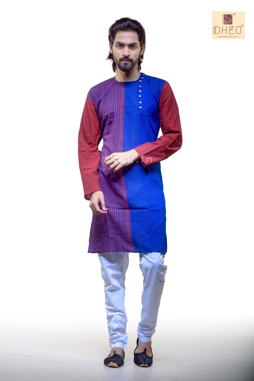 Maroon-Blue Cotton  Kurta for Men