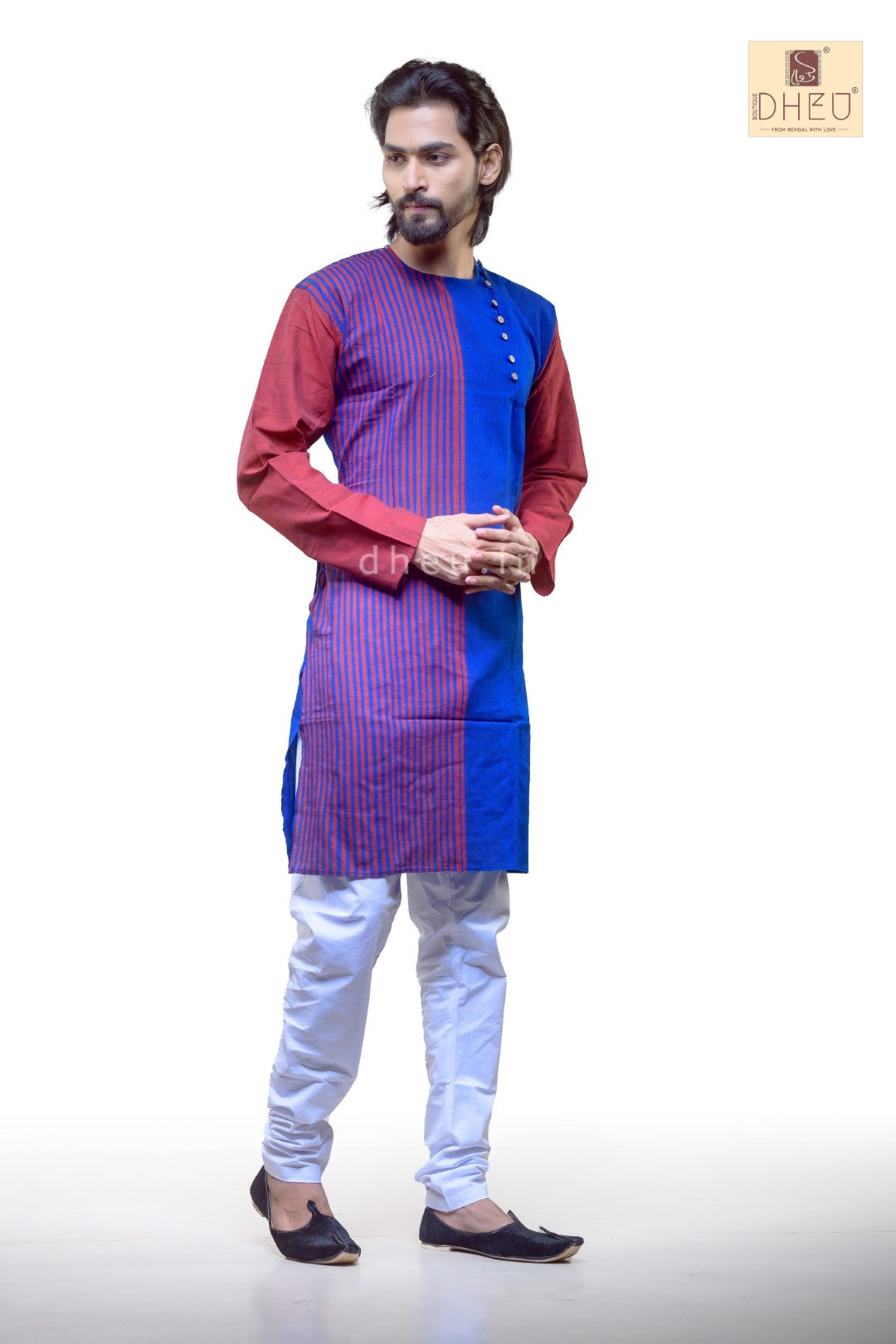 Maroon-Blue Cotton  Kurta for Men