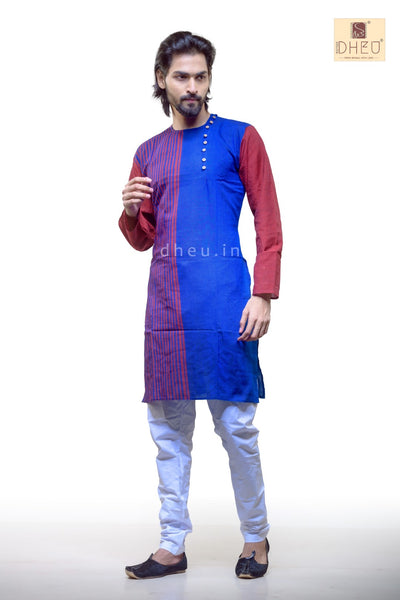 Maroon-Blue Cotton  Kurta for Men