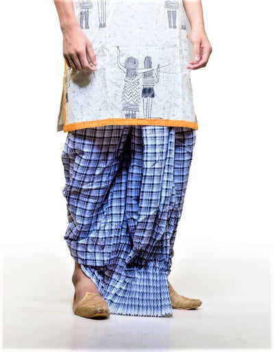 Blue Cheks-Bengali Cotton Dhoti- Ready to wear - Boutique Dheu