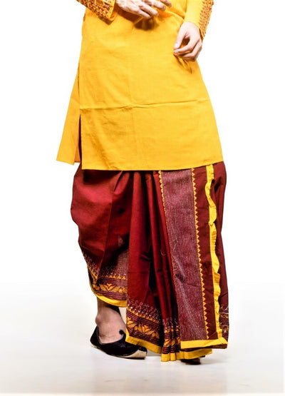 Dheu | Designer Maroon Kantha Dhoti- Ready to wear - Boutique Dheu