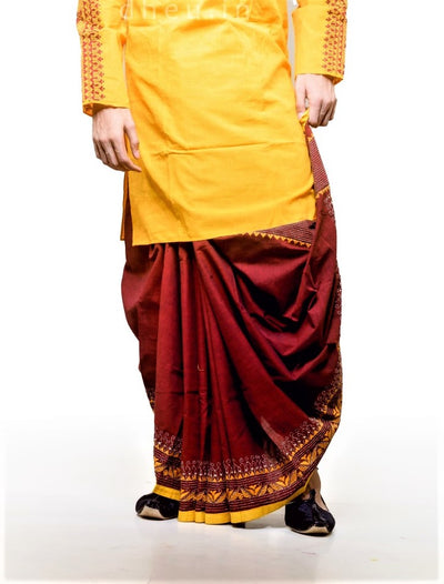 Dheu | Designer Maroon Kantha Dhoti- Ready to wear - Boutique Dheu
