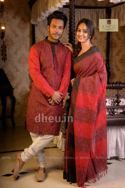 Handloom Pure Cotton Jharna-Khadi Saree-Kurta Couple Set - Boutique Dheu